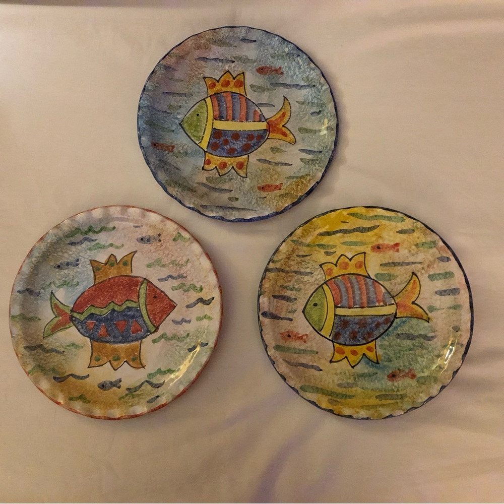Hand-Painted Fish Accent Plates - Multicolor Italy Whimsical Stoneware ADORABLE
